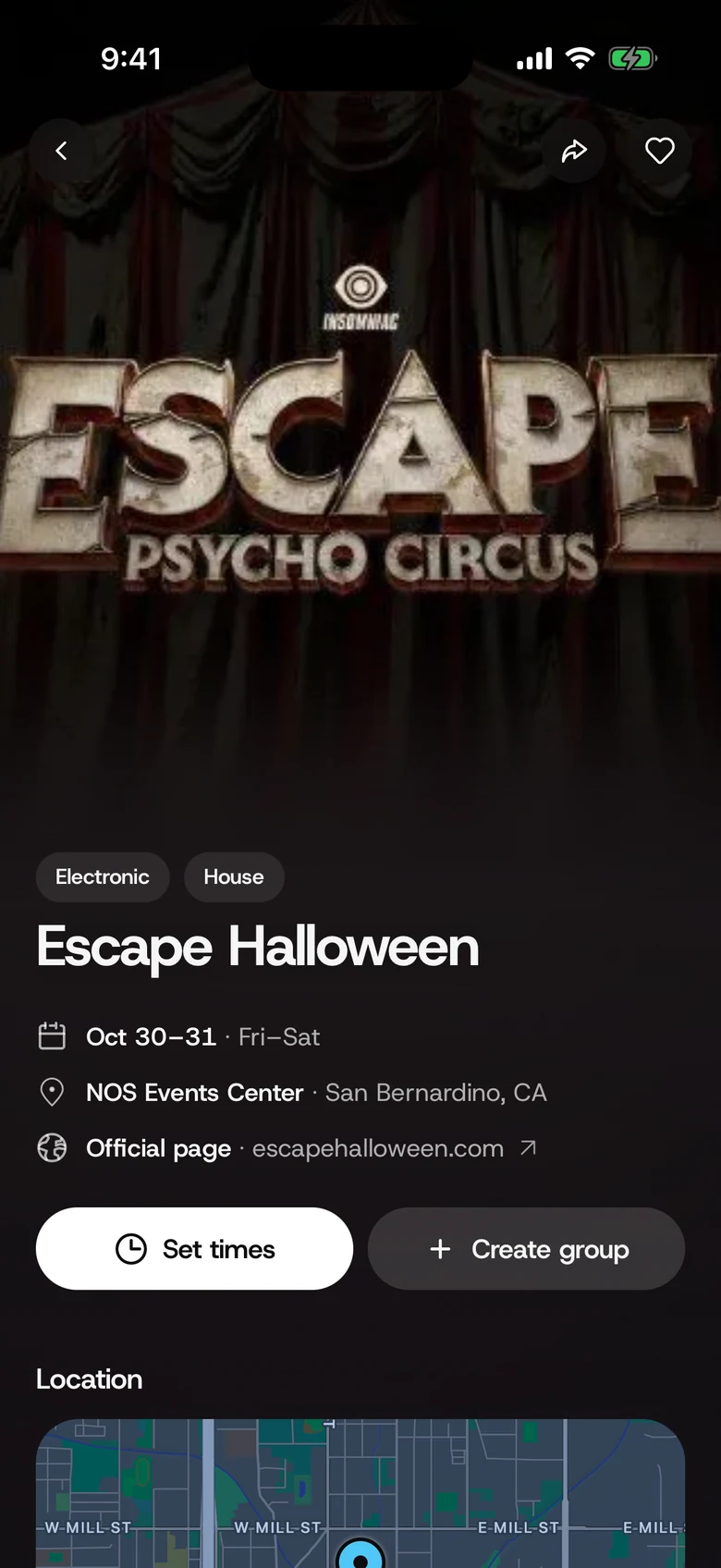 The Escape Halloween event page in kndi, the Insomniac poster, Oct 30–31 at NOS Events Center in San Bernardino, Set times and Create group buttons, and a location map