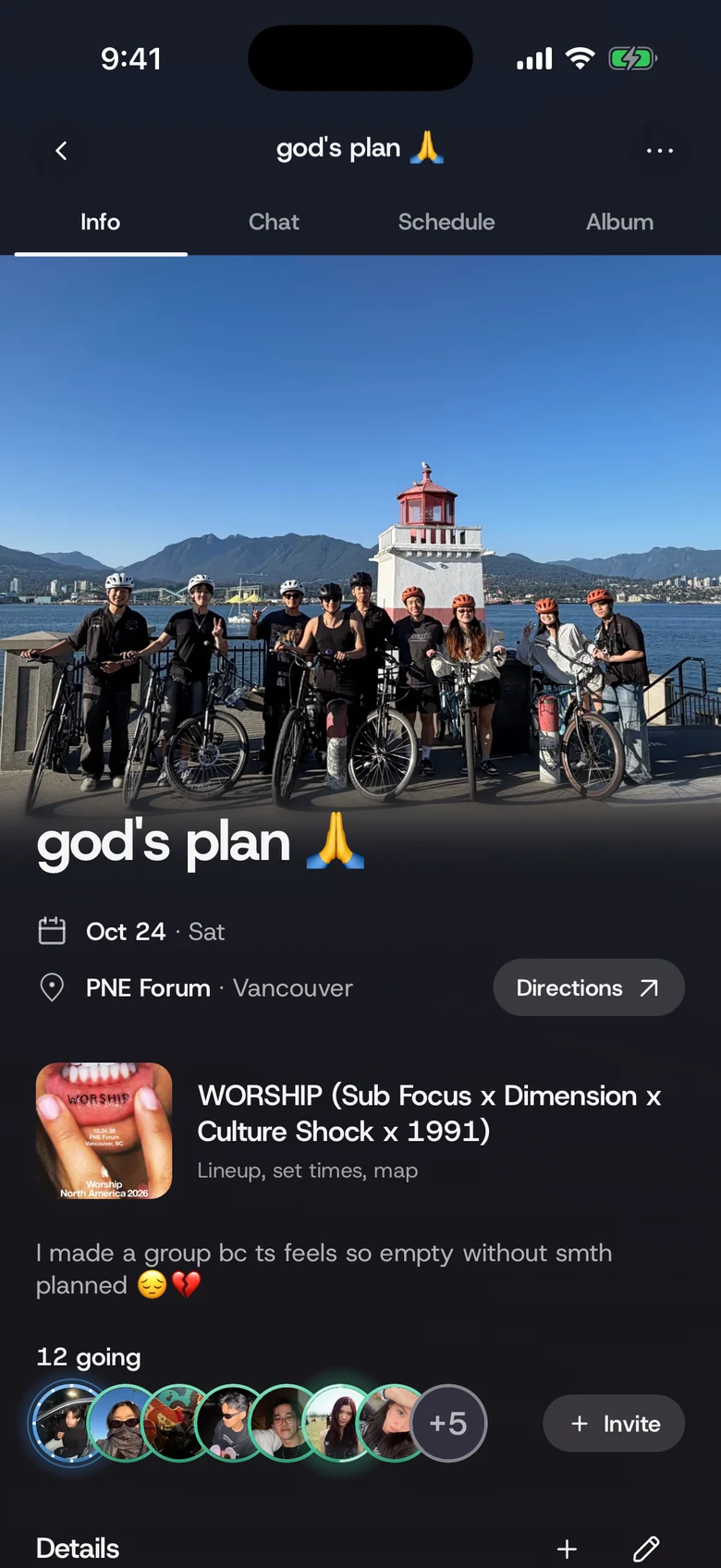 The kndi group god's plan on its Info tab, a cover photo of friends with their bikes by the water, Oct 24 at PNE Forum in Vancouver, the WORSHIP event card, and 12 going