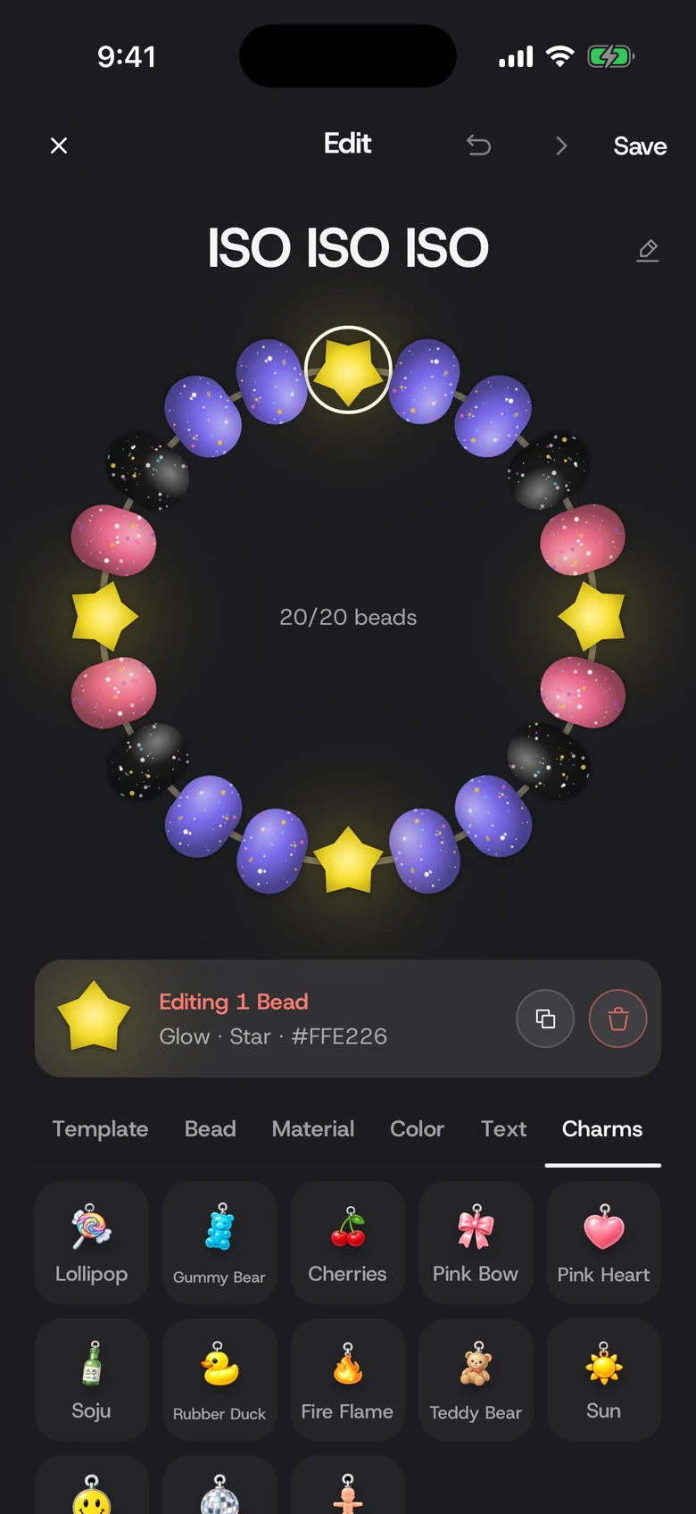 The kandi editor in kndi, a 20-bead ring named ISO ISO ISO in purple, pink, and black with yellow star beads, one star selected, and the Charms tab open