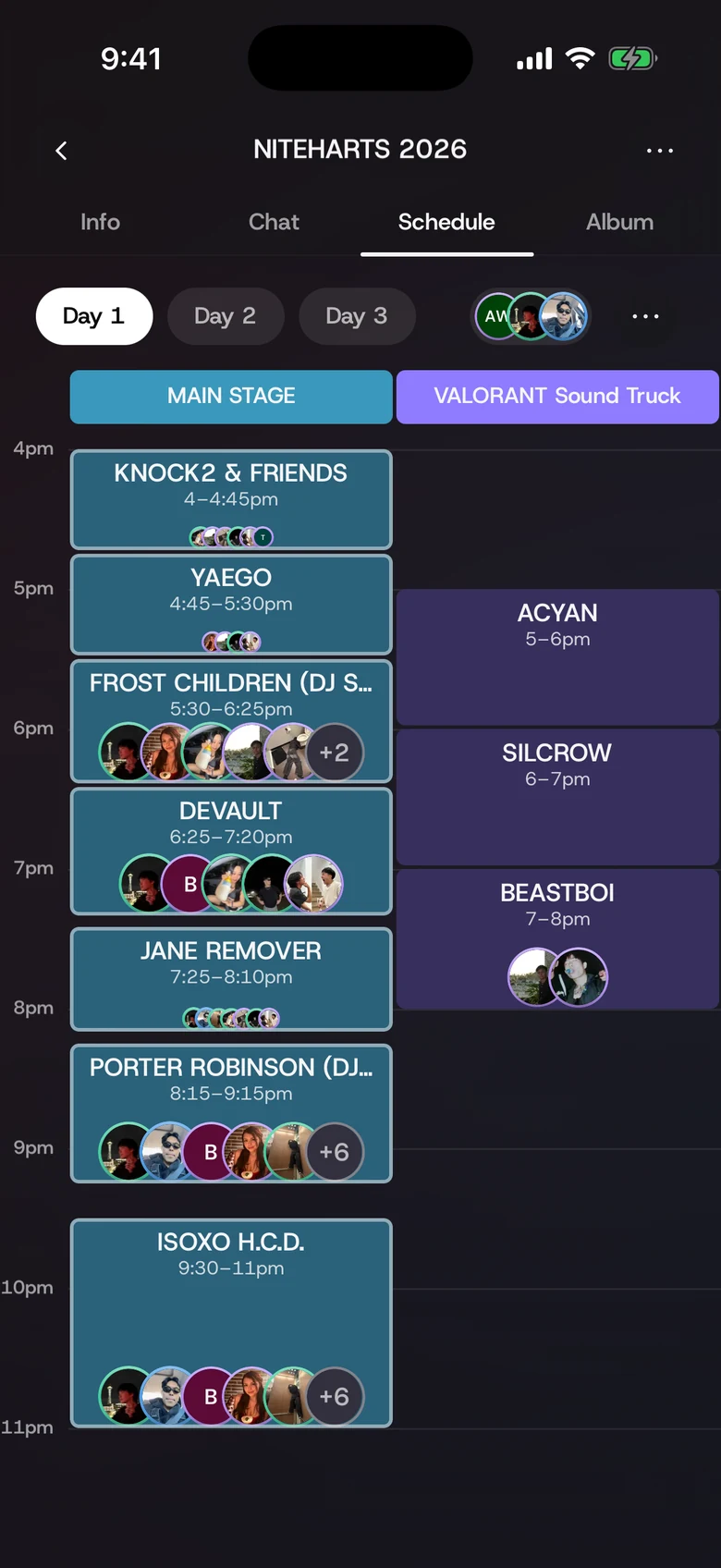 The NITEHARTS 2026 group's schedule in kndi, Day 1 with MAIN STAGE and VALORANT Sound Truck side by side, picked sets outlined, and friends' faces on the sets they picked